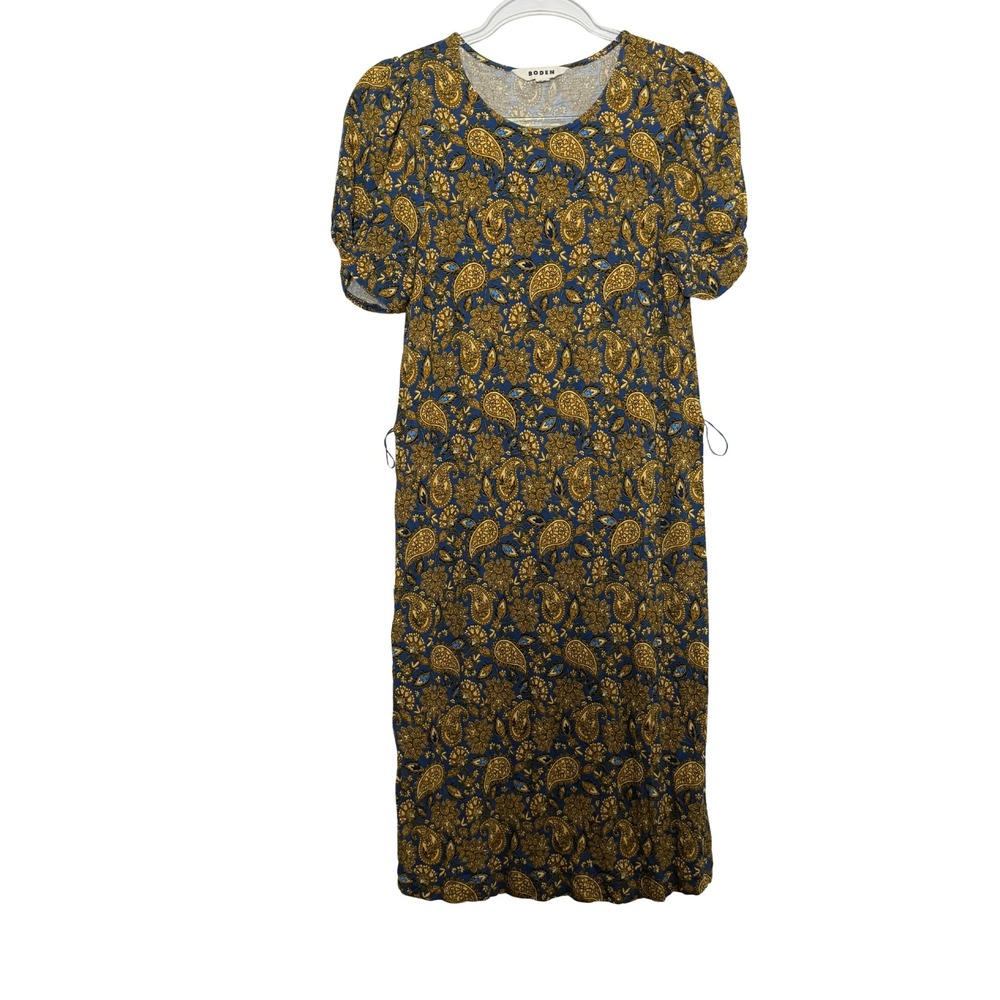 Boden Paisley Belted Midi Dress BluePuff Sleeve Cottagecore Pockets Ruched 6 - Picture 3 of 7